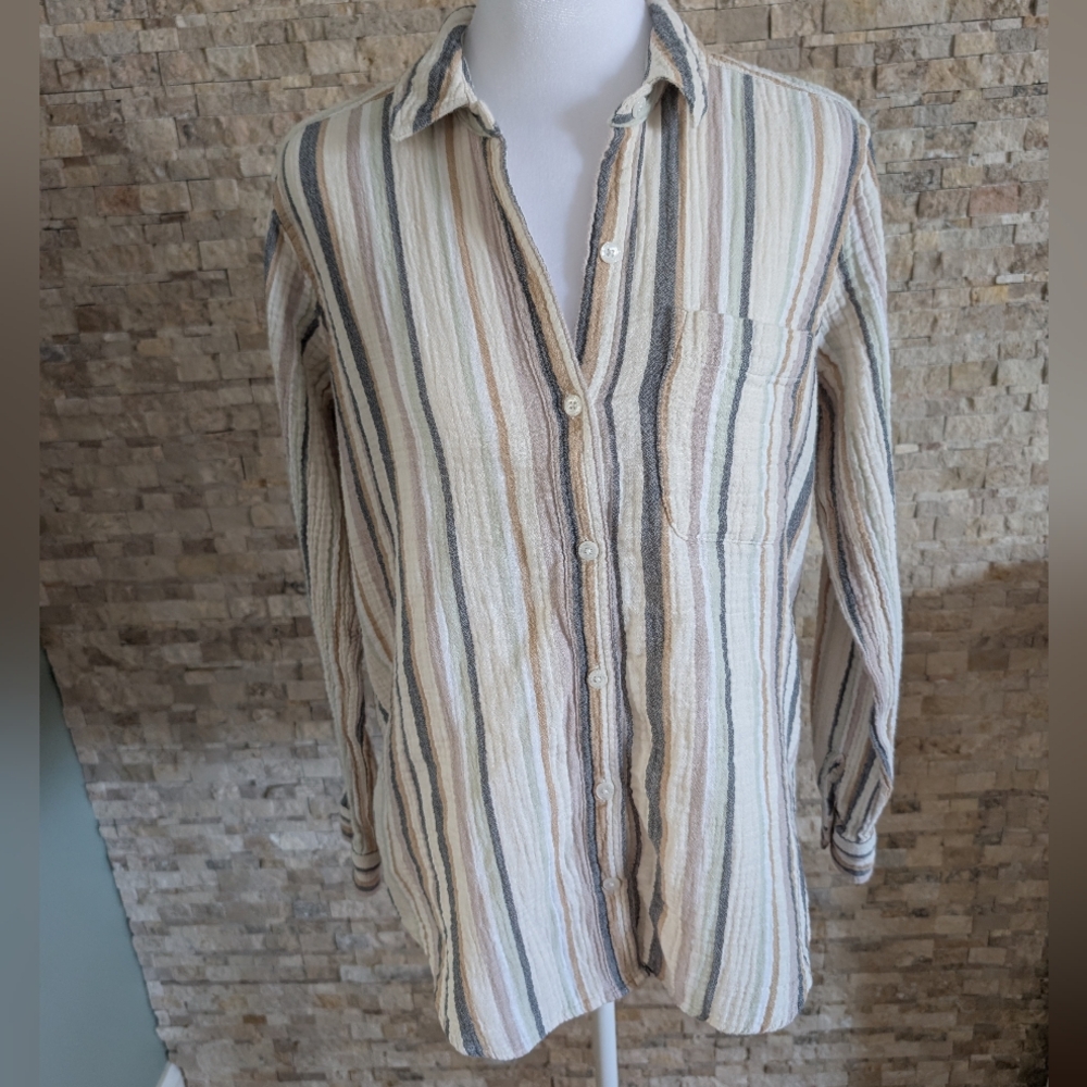 100% Cotton Button Down Shirt Parchment Stripe Minimalist Neutral Coastal Eco M